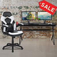 Flash Furniture BLN-X10D1904L-WH-GG Gaming Desk and White/Black Racing Chair Set /Cup Holder/Headphone Hook/Removable Mouse Pad Top - 2 Wire Management Holes